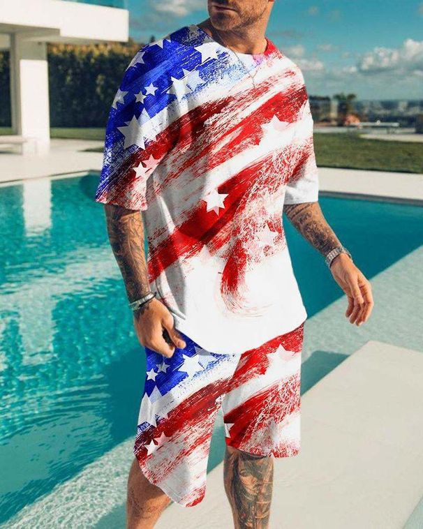 Men's Clothing 3D digital printing men's short sleeve beach pants suit trendy T-shirt shorts set_desvips.com