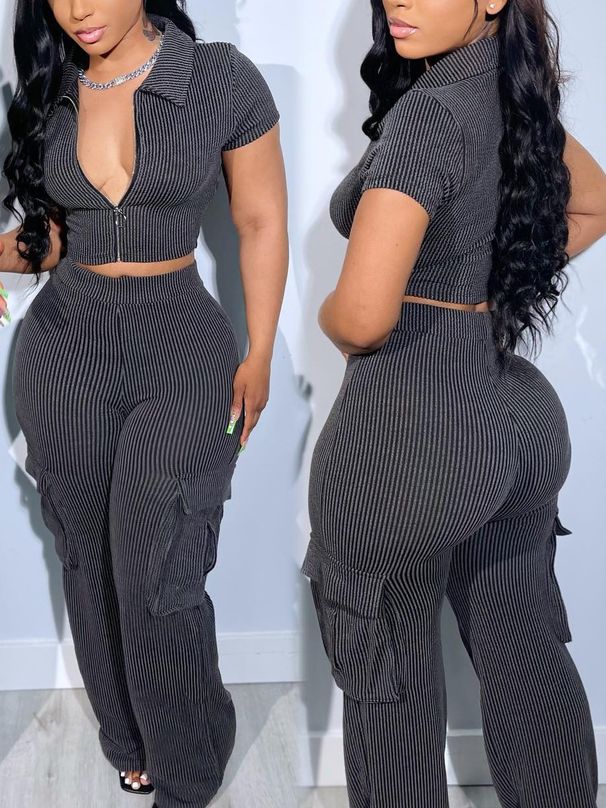 Women's new spring and summer new fashion zipper tops multi-pocket trousers casual solid color suits_desvips.com