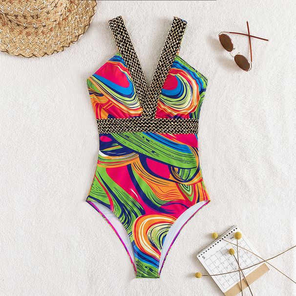 fashion One-piece Swimsuit With Colorful Printed Webbing, Deep V-neck, Conservative Hot Spring Swimwear_desvips.com