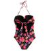 One-Piece Swimsuit For Women, Backless Sexy Underwire Ruffle Edge, Tummy Covering, Small Chest Push-Up, Black Floral_desvips.com