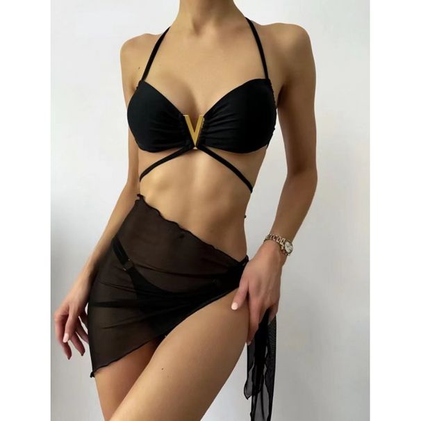 Bikini Shoulder Set - High-Waist & Deep V Neck (Three Piece Adjustable Straps Solid Color Black Monochrome)_desvips.com