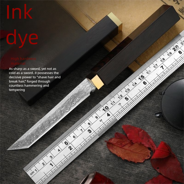 Damascus Steel Square Black Ebony Handle Mongolian Meat-eating Knife For Outdoor Camping Hiking, High Hard And_desvips.com