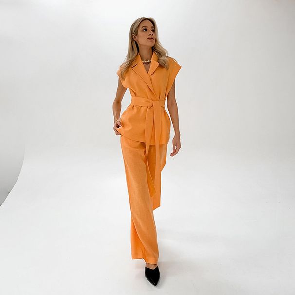 Women's Clothing Versatile vitality orange cotton and linen commuting street style sleeveless lace-up vest wide-leg pants suit_desvips.com