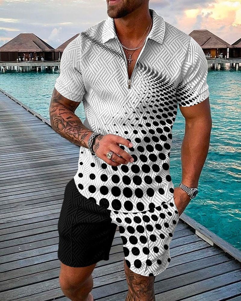 Men's Clothing new style men's fashion casual suit 3D printed zipper short sleeve polo shirt shorts 2-piece set_desvips.com