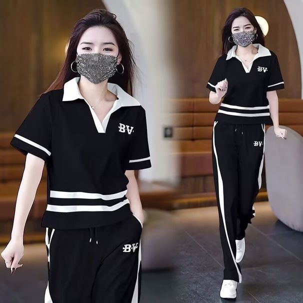 Fashionable Stylish Women's Sportswear Set, 2025 Summer New Model, Loose And Trendy, With A Turn-down Collar, Youthful_desvips.com
