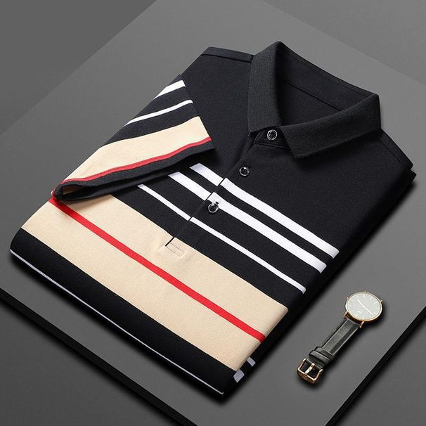 Pure Cotton Striped POLO Shirt For Men, Light Business T-shirt, Short-sleeved Men's POLO, Elastic Splicing, Turn-down_desvips.com
