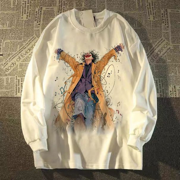 100% Cotton American Style Clown Print Cuffed Long Sleeve T-Shirt Unisex Loose Fit Spring Autumn Thin Layer Top_desvips.com