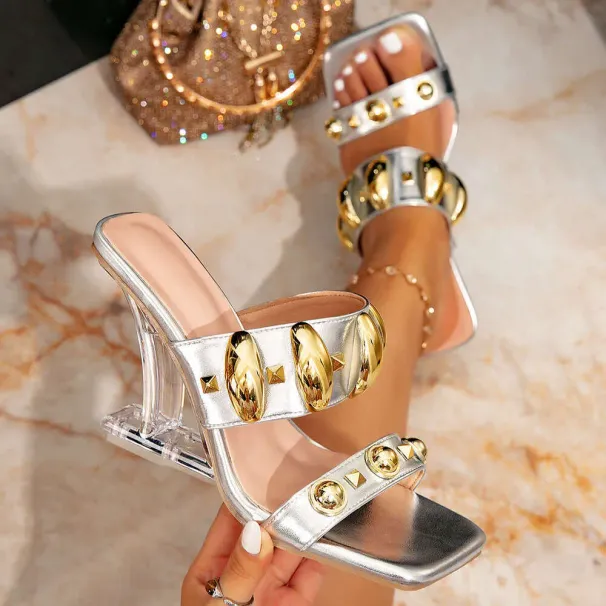 Silver Fashion 2025 Summer Metal Buckle Decor Open Toe New Slip-On High Heel Sandals For Women_desvips.com