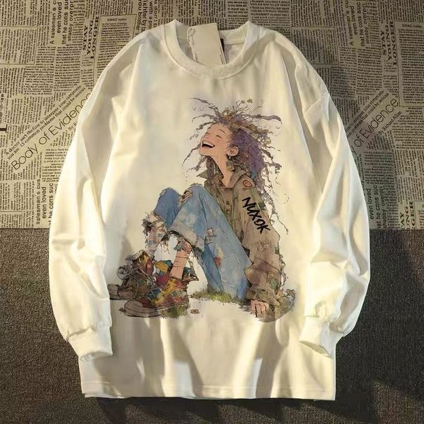 100% Cotton American Style Trendy Brand Character Print Long Sleeve T-Shirt For Men And Women, Autumn New Thin Loose Fit_desvips.com