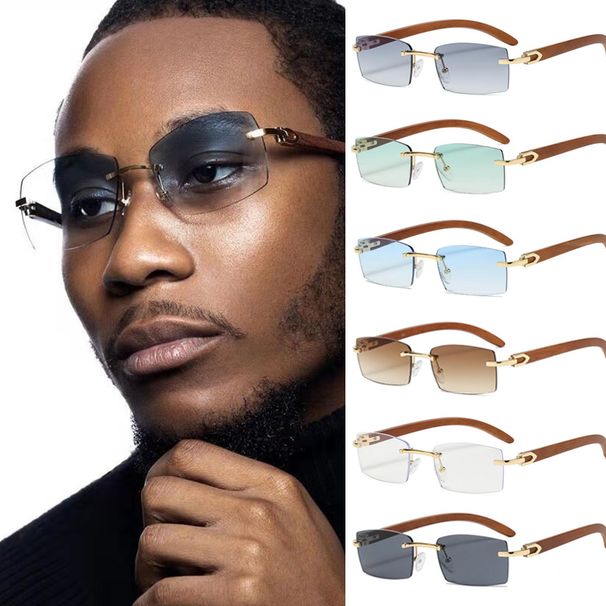 Hiking 6pcs Fashion Rectangle Anti Light Glasses Wood Grain Women Men Unisex Rimless Shades Sunshade UV Protection_desvips.com