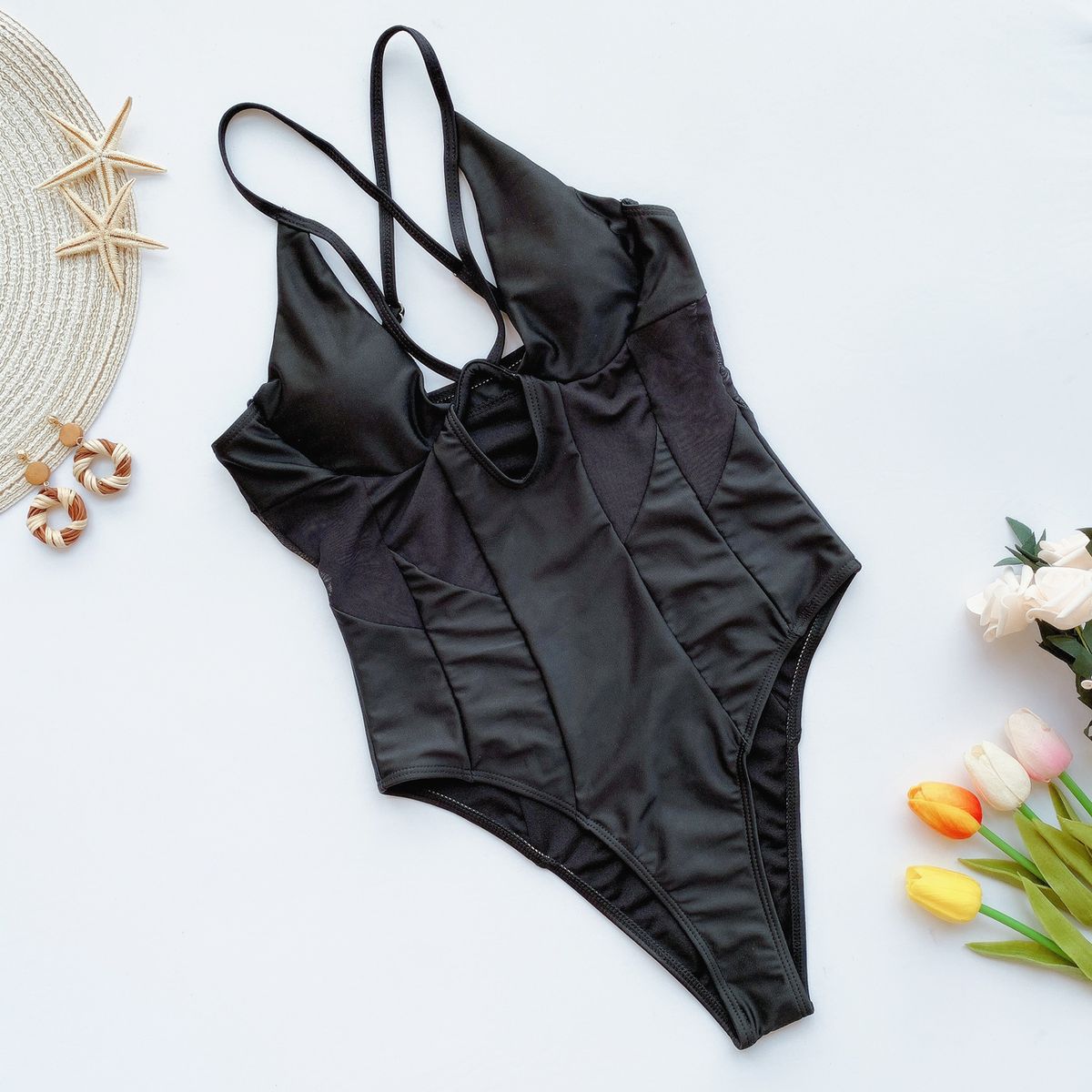 Women's sexy high waist bikini one-piece swimsuit women's solid color cross strap swimsuit_desvips.com