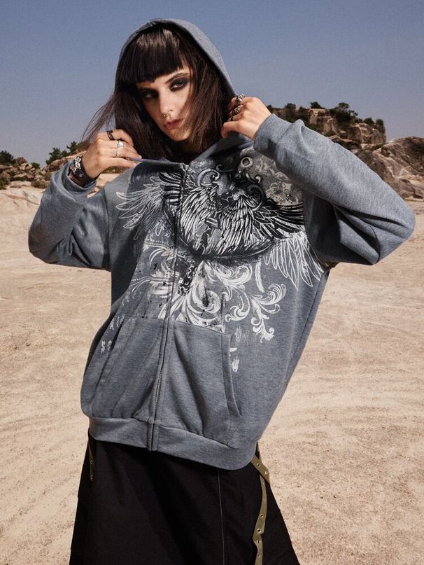 Women's European And American Style Loose-fitting Personalized Street Eagle Print Zip-up Hoodie Trendy Cross-border_desvips.com