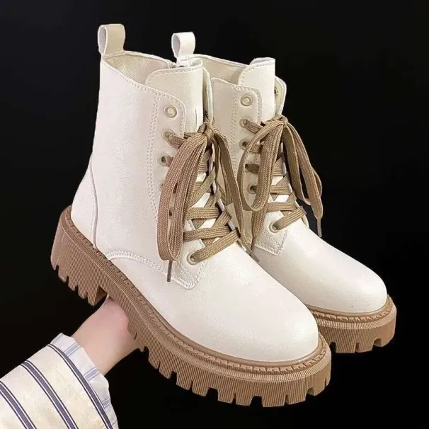HZCL New Women's Autumn Single British-style Leather Platform Booties With Winter Fleece Warm White Boots_desvips.com