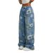 Boho Floral Print Wide Leg Denim Jeans, High Waist Loose Fit Light Wash Pants, Fashion Casual Trousers For Summer, Travel & Streetwear Jeans Donna_desvips.com