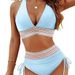 European And American Cross-Border Women's Bikini High-Waist Two-Piece Color Block Set With Drawstring Gathered Tummy_desvips.com