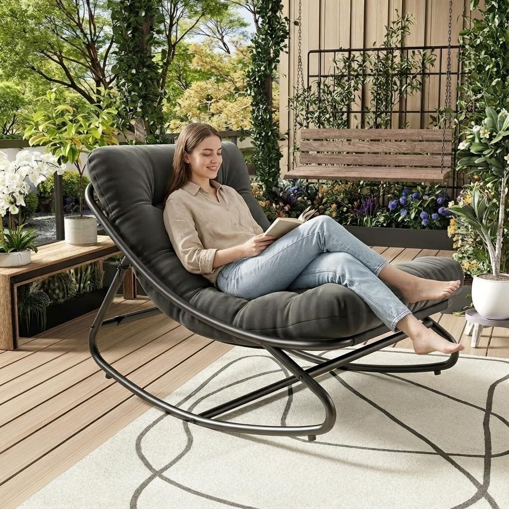 IDEALHOUSE Outdoor Rocking Chair With Metal Frame, Adjustable Papasan Rocker, Waterproof Comfy Cushion, 450lbs Capacity, For Patio, Porch, Garden, Liv_desvips.com