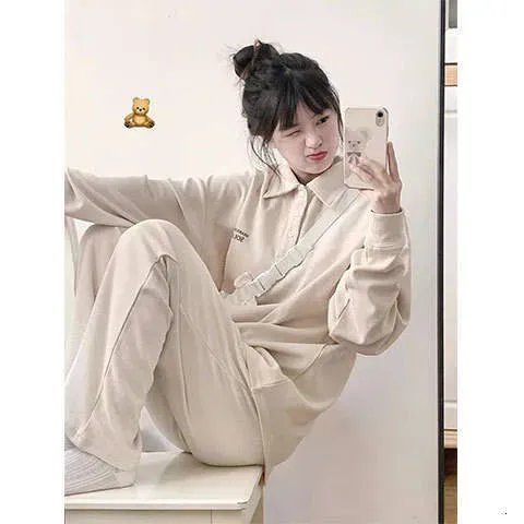 College Sportswear For Women Spring Autumn Salt Series Street Style Waffle Polo Collar Sweatshirt And Sweatpants Casual_desvips.com