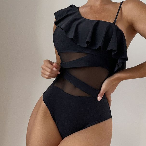 2026 New Multi Colored Fungus Edge Single Shoulder Mesh Hollow Out Sexy One-piece Swimsuit Women's Bikini_desvips.com