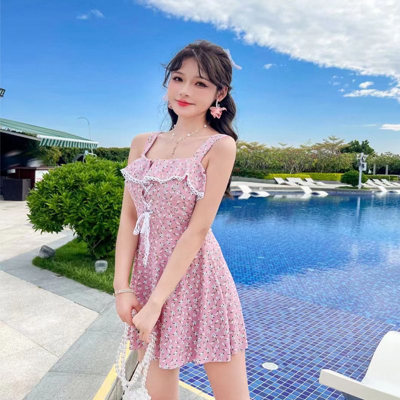 New Women's One-Piece Swimsuit Sweet Floral Skirt College Style Conservative Tummy-Control Slimming Strap Swimwear_desvips.com