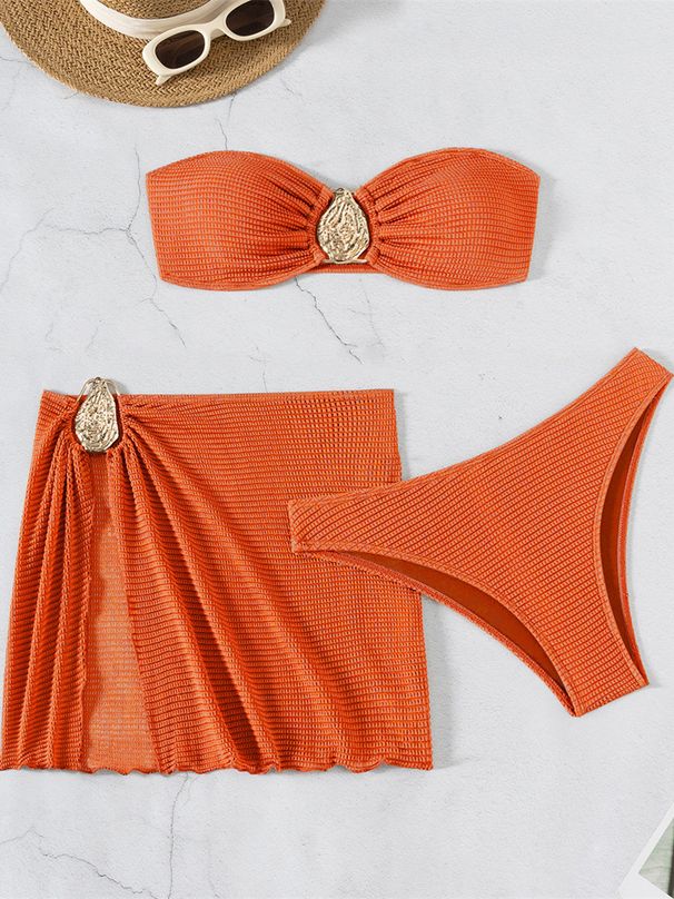 Sexy Bandeau Bikini Women Coffee Metal Water Droplet Ornament Push Up Mesh Skirt 3 Piece Swimsuit Beach Bathing Suit_desvips.com