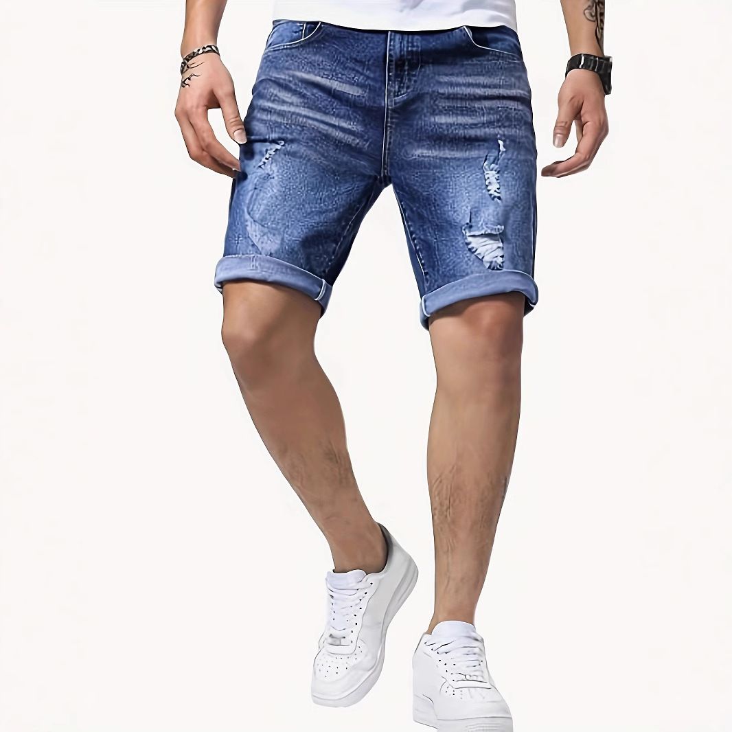 2026 Casual Slim Fit Stretch Men's Denim Shorts, 5-point Ripped Shorts_desvips.com