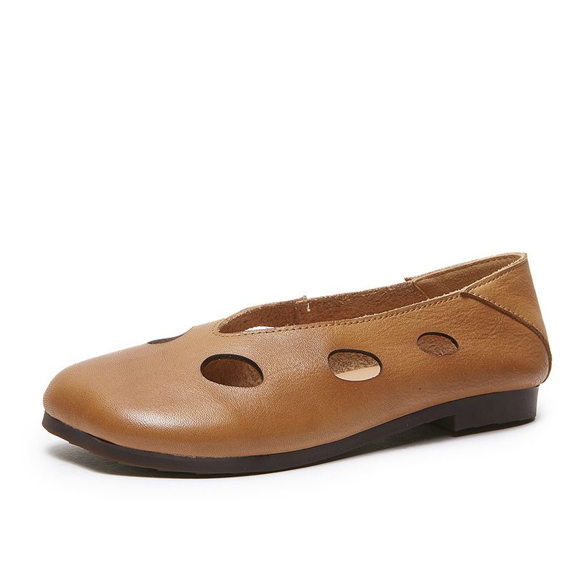 Summer new leather hollow women's shoes round head breathable soft bottom rub color moccasin retro women's shoes_desvips.com