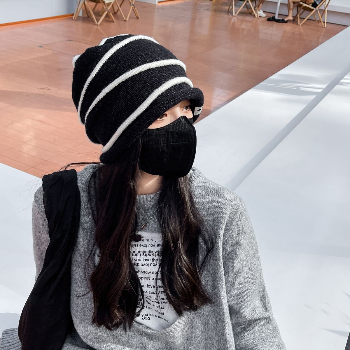 Women's Autumn Winter New Rolled Edge Striped Ear Protection Warm Internet Celebrity Slouchy Knitted Hat Korean Version_desvips.com