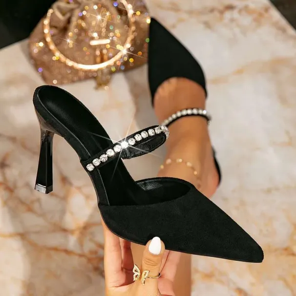 Women's Fashion Stiletto Square Toe Black Chain Rhinestone Slip-On Simple New Style High Heel Sandals For Women_desvips.com