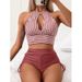 Two-piece Swimsuit High-waisted Striped Conservative Drawstring_desvips.com