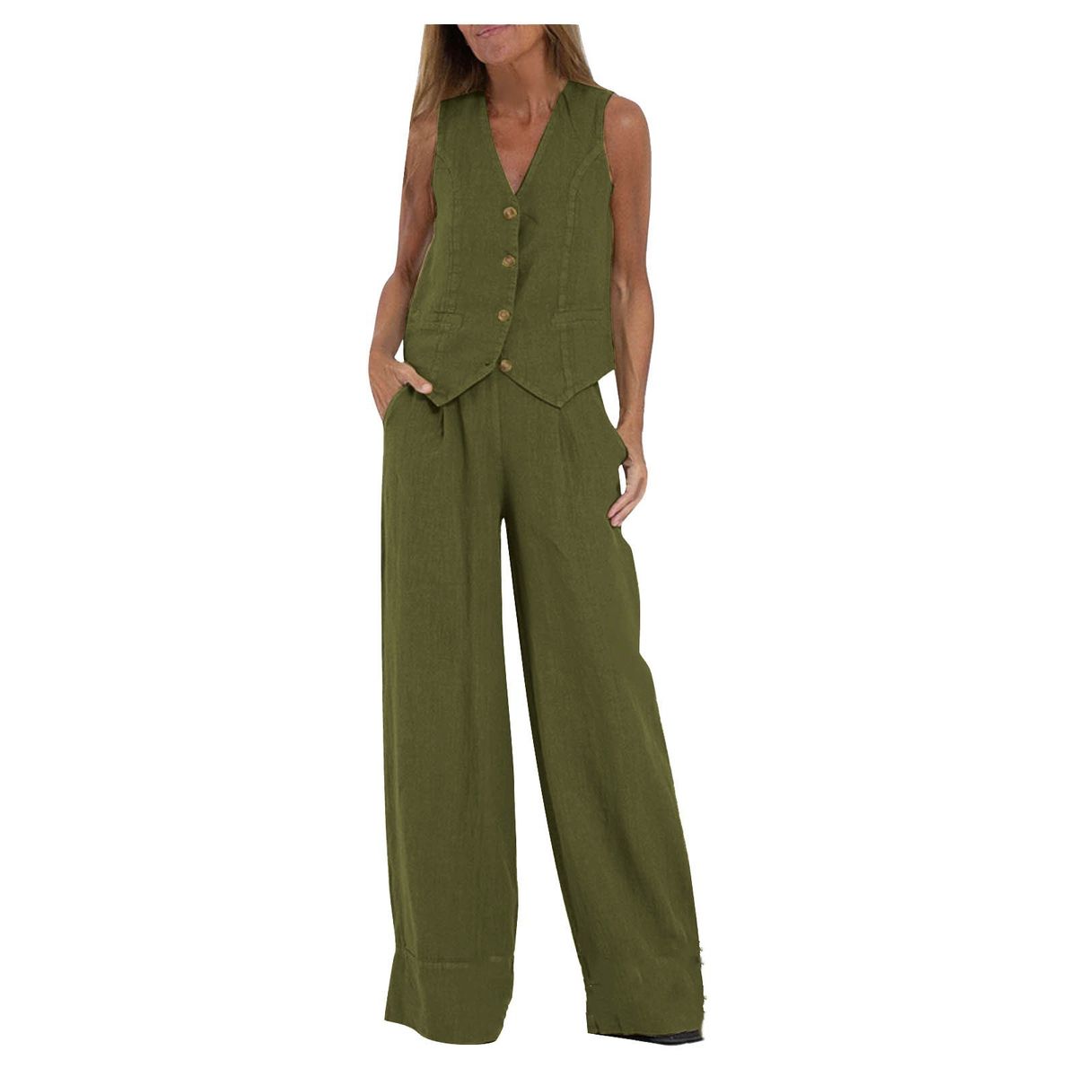Women's Clothing new fashion vest trousers collage stitching cotton and linen casual suit_desvips.com