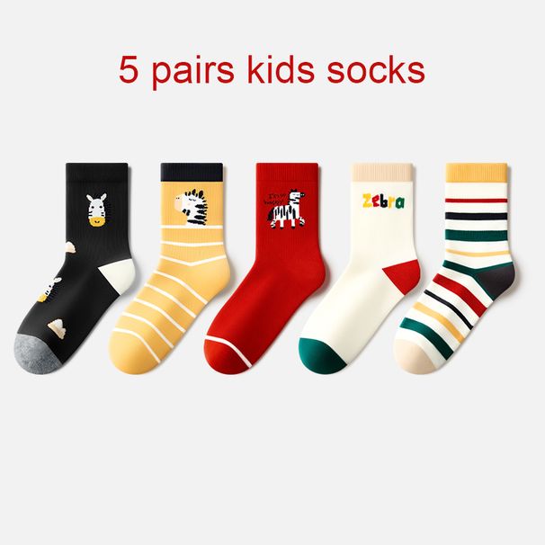 Beibi 5-Pair Pack Boys' Mid-Calf Socks Zebra Pattern Suitable For Spring, Fall, And Winter For Ages 7-13 And Up_desvips.com