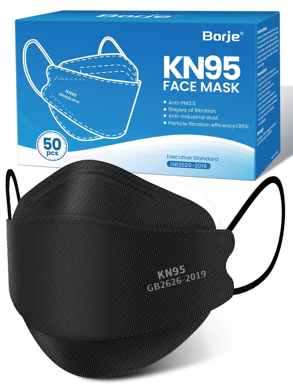 Borje KN95 Face Masks For Adults 50 Pack, 5-Ply Black Disposable Face Mask Against PM 2.5 Smoke & Dust, Filtration Efficiency 95%_desvips.com