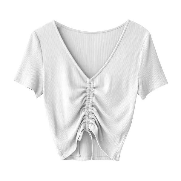 Summer New Slimming Sports Short Sleeve Fitness Running V-Neck Drawstring Cotton T-Shirt Fashionable Yoga Wear For Women_desvips.com