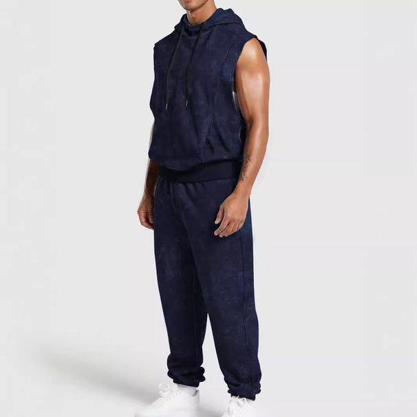 Men's Clothing Street Fashion Old Full Print Floral Sleeveless Hooded Trousers Suit_desvips.com