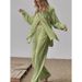 Women's Clothing long sleeved temperament commuter skin color linen solid color slit long shirt and wide leg pants set_desvips.com