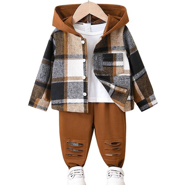 New Autumn Winter Boys' Outfit, Baby Boy Fashion Plaid Thickened Hooded Jacket And Long Pants Two-piece Set, Available_desvips.com