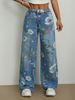 Boho Floral Print Wide Leg Denim Jeans, High Waist Loose Fit Light Wash Pants, Fashion Casual Trousers For Summer, Travel & Streetwear Jeans Donna_desvips.com