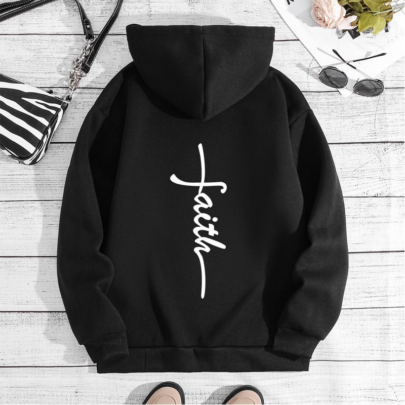 Men's Clothing sweatshirt faith fashion printed hooded back collar plus velvet sweatshirt_desvips.com