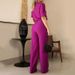 women's clothing smooth satin half sved top and pants suit two piece set_desvips.com