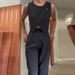 Women's Clothing solid color round neck button top temperament straight pants suit_desvips.com