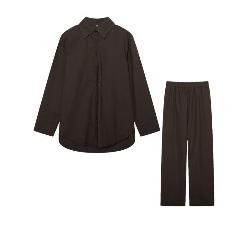 Women's Clothing women's two piece set women's lapel long sleeved shirt spring and autumn casual solid color pants wide leg suit_desvips.com