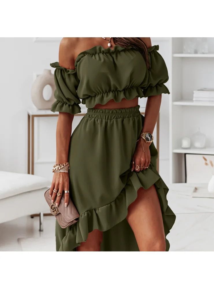 Women's Clothing new one-shoulder ruffle skirt suit casual irregular short-sleeved two-piece suit_desvips.com