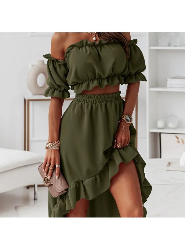 Women's Clothing new one-shoulder ruffle skirt suit casual irregular short-sleeved two-piece suit_desvips.com