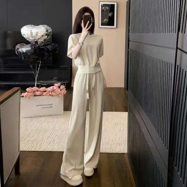 High-end Casual Sports Suit For Women Slimming Fashionable Youthful Short Sleeve Wide-leg Pants Two-piece Set Trendy_desvips.com