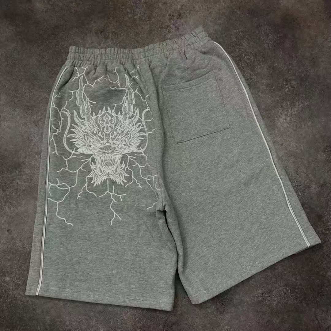 2025 High Street Trend Loose Shorts Sports Versatile Casual Sweatpants Summer Line Art Dragon Head Embroidery Men's_desvips.com