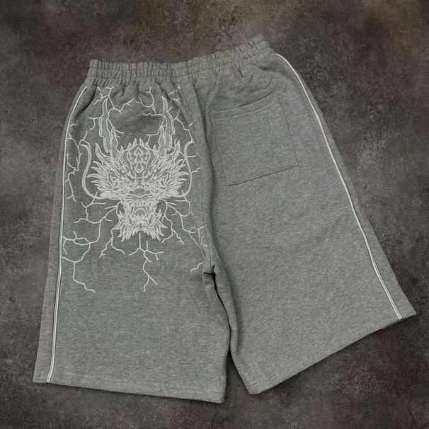 2025 High Street Trend Loose Shorts Sports Versatile Casual Sweatpants Summer Line Art Dragon Head Embroidery Men's_desvips.com