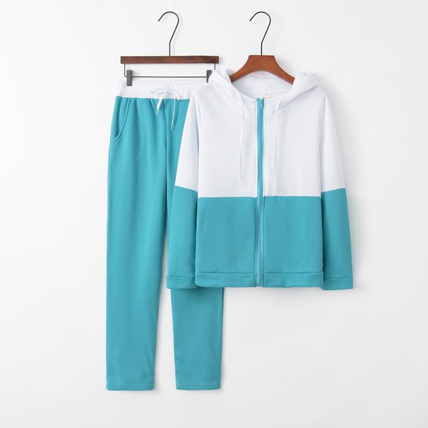 2023 European And American New Fashion Sportswear Patchwork Hooded Zipper Sweatshirt Set Green Blue Black Chenille_desvips.com
