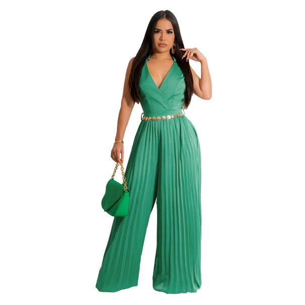 Women's Clothing sleeveless temperament casual V neck waist pleated loose wide leg jumpsuit_desvips.com