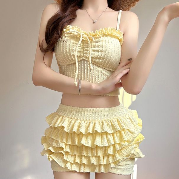 Korean Style Yellow Bikini Set 2026 Women Ruffles Pleate Push Up High Waist Skirt Swimsuit Beach Bathing Suit Holiday_desvips.com