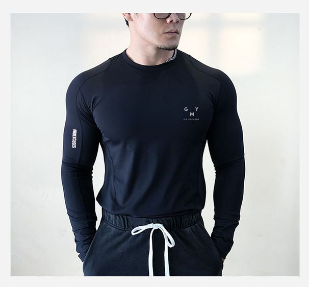 Cross Border Men's Fitness Clothes Long Sleeved Tights High Elastic Quick Drying Sports Tops Breathable T Shirts Warm Bottoming Shirts_desvips.com